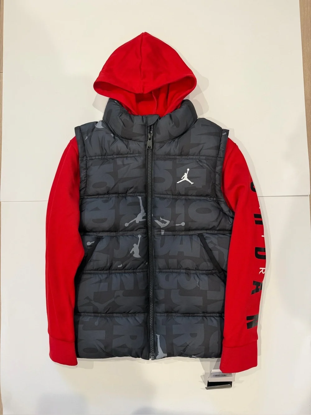 Jordan Kids Black Puffer Vest with Red Hooded Sweatshirt